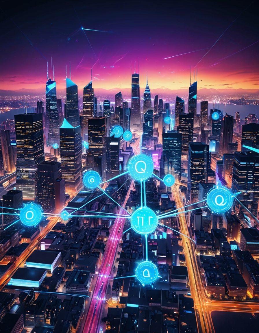 A digitally integrated world showcasing various web solutions, with vibrant, interconnected network nodes leading to a futuristic city skyline labeled 'Qtis Technology', symbolizing innovation and digital transformation. The background should represent a virtual environment with binary codes and holographic interface elements. 3D render. bright colors. high-tech feel.