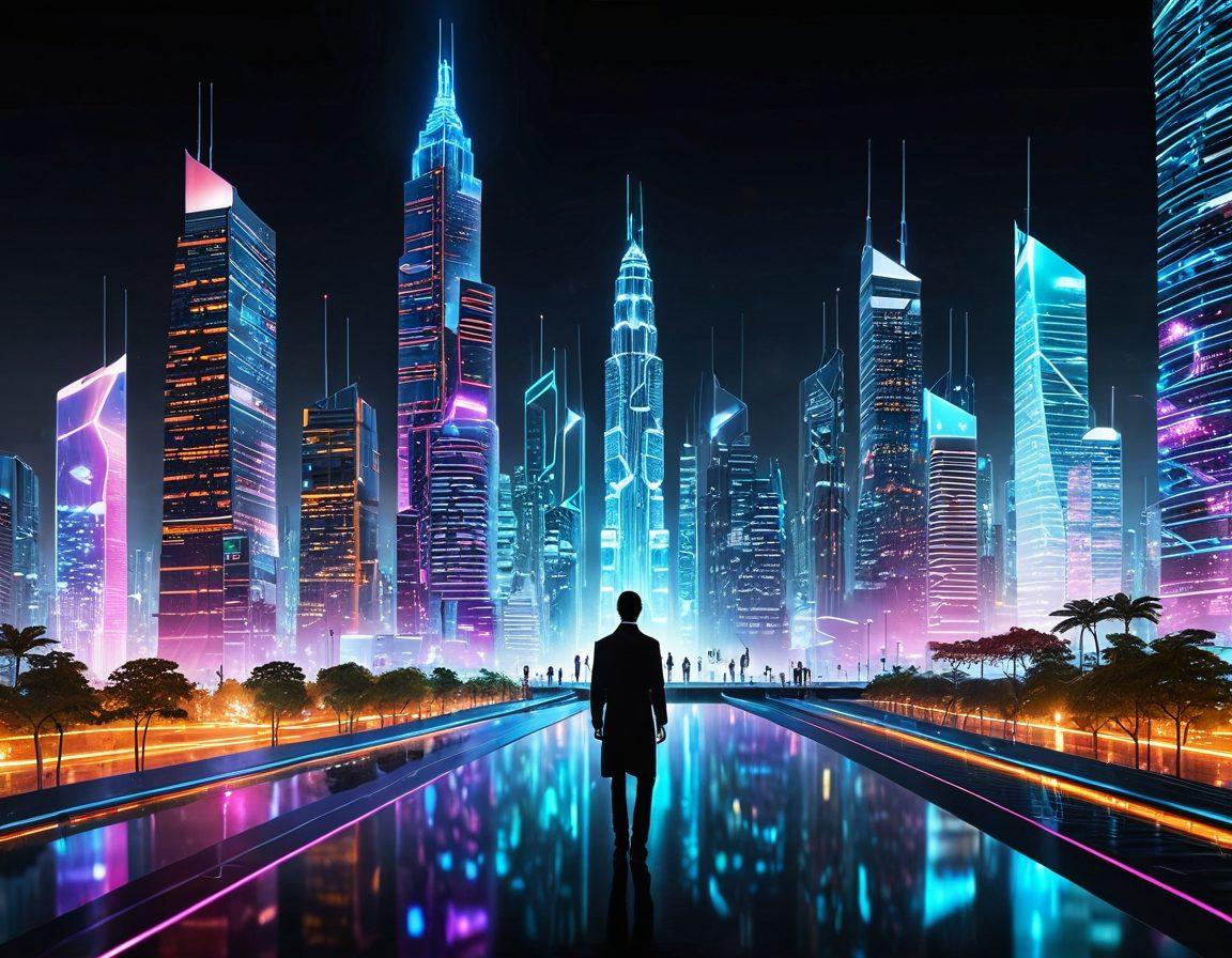 A futuristic cityscape with towering digital skyscrapers made of glowing code, representing digital platforms. A sleek, holographic interface is being manipulated by a person with advanced cybernetics, symbolizing Qtis Technology. Bright lights, vibrant colors, and high-tech elements give a sense of innovation and sophistication. super-realistic. vibrant colors.